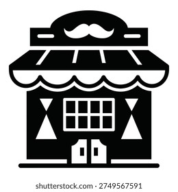 Black and white illustration of a simple barber shop facade with awning icon