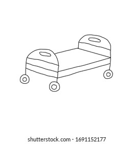 Ilustración en blanco y negro del simple doodle vacío de la cama del hospital. Icono. Dibujo manual del vector