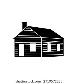 Uma ilustração em preto e branco de uma cabine de madeira simples com uma chaminé e janelas.