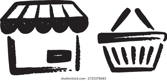 Black and white illustration of a simple storefront and shopping basket symbolizing retail and commerce.