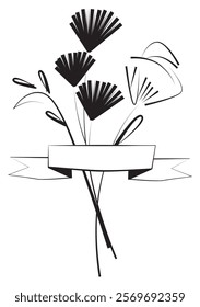 Black and white illustration of simplified flowers and leaves with a white ribbon overlay – Minimalist design with space on the ribbon for custom text – Perfect for invitations, cards, and decorative 