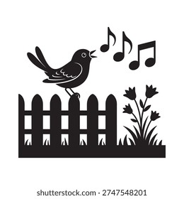 A black and white illustration of a singing bird on a fence