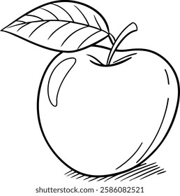 Black and white illustration of a single apple. The apple is depicted with a leaf and stem. Simple line art style.