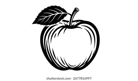 A black and white illustration of a single apple with a leaf, depicted in a vintage style.