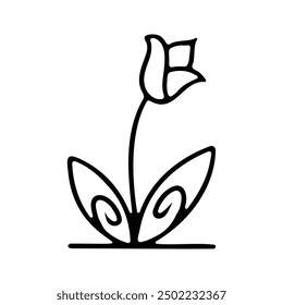 A black and white illustration of a single flower with ornate, swirling leaves