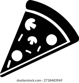 Uma ilustração em preto e branco de uma única fatia de pizza coberta com cogumelos e queijo. A fatia é representada com uma crosta crocante e queijo derretido cobrindo a superfície, com vários pedaços de cogumelos espalhados por ela.