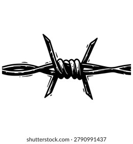 A black and white illustration of a single strand of barbed wire.