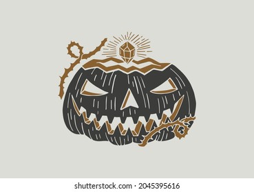 Black and white illustration with a sinister pumpkin. Day of the Dead. Halloween. Drawing for souvenirs and tattoo