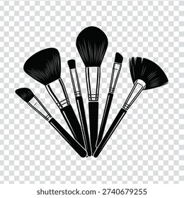 Black and white illustration of six makeup brushes with different shapes and sizes, arranged in a fan shape on a transparent background, showcasing various brush types