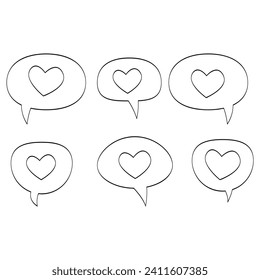 Black and white illustration of six speech bubbles, each enclosing a heart symbol.