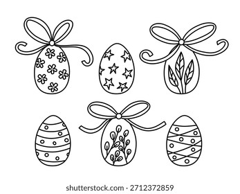 A black and white illustration of six uniquely decorated Easter eggs, each adorned with a large bow on top. The eggs feature different line art patterns including stars, flowers, stripes, leaves