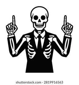 Black and white illustration of a skeleton in a business suit giving two middle fingers up, rude gesture, funny and quirky