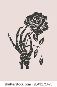 Black and white illustration with a skeleton hand holding a rose. Day of the Dead. Halloween. Drawing for souvenirs and tattoo
