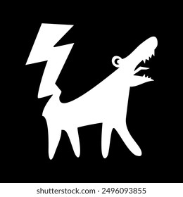 black and white illustration sketch of a howling dog with a tail shaped like lightning