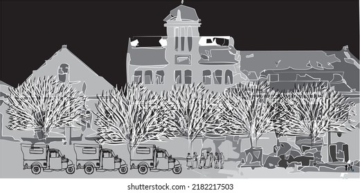 Black and white illustration sketch of Kalibesar Jakarta, Indonesia