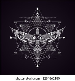 Black and white illustration. Sketch for print t shirt and tatto art. Sacred geoemtry with flying bird with all seeing eye. Masonic symbol. Six pointed star and wings and magic look.