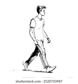 a black and white illustration sketch of a young man walking in sideview