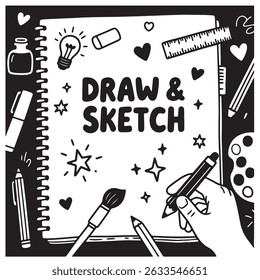 Illustration en noir et blanc d'un carnet de croquis entouré d'outils de dessin tels que des crayons, des stylos et des pinceaux.