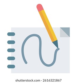 A black and white illustration of a sketchbook with a pencil drawing a shape. This icon represents creativity, drawing, and design. Great for app icons, web design, and educational content