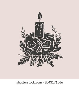 Black and white illustration with skull and candles. Day of the Dead. Halloween. Drawing for souvenirs and tattoo