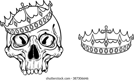 black and white illustration with skull and crown