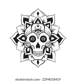 A black and white illustration of a skull with a flower in the middle