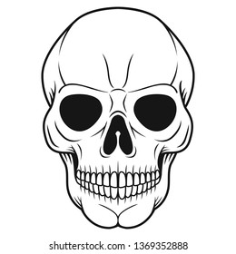 Black and White Illustration of Skull. Human Head Bone. Skeleton Hand Drawn Tattoo Design.