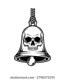 A black and white illustration of a skull inside a bell with a rope, conveying a spooky or ominous theme.   