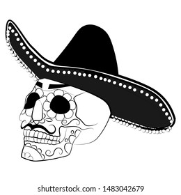 black and white illustration of a skull in a Mexican hat