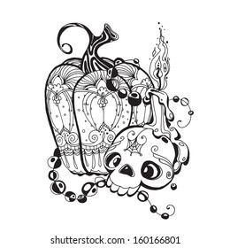 black and white illustration with skull, pumpkin and a candle on a white background