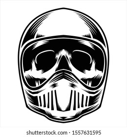 a black and white illustration with a skull racer theme using a helmet