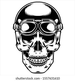 a black and white illustration with a skull racer theme using a helmet