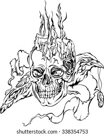 black and white illustration of a skull with spirits and bird holding medalion