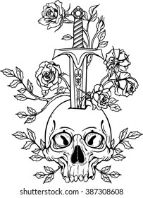 black and white illustration with skull stabbed by sword