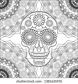 black and white illustration with a skull, a symbol of the traditional Mexican holiday Day of the dead and the Day of angels