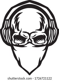 black and white illustration of skull using headphones