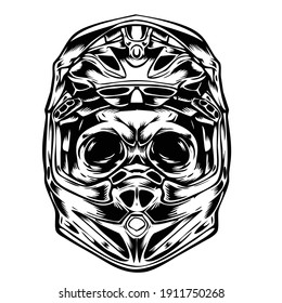 black and white illustration of a skull using a motocross helmet