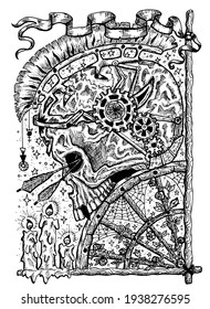 Black and white illustration with skull of warrior, arrows, burning candles and old wheel with flowers and spider web. Mystic background for Halloween, esoteric, gothic, heavy metal or occult concept