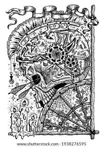 Black and white illustration with skull of warrior, arrows, burning candles and old wheel with flowers and spider web. Mystic background for Halloween, esoteric, gothic, heavy metal or occult concept