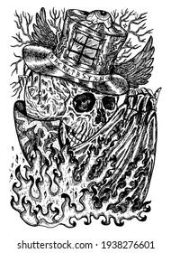 Black and white illustration with skull wearing illusionist, magician or wizard hat with flame on cloak. Mystic background for Halloween, esoteric, gothic, heavy metal or occult concept