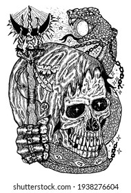 Black and white illustration with skull wearing hood, holding magic wand, with snake swallowing sun. Mystic background for Halloween, esoteric, gothic, heavy metal or occult concept, tattoo sketch