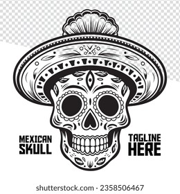 Black and white illustration of skull wearing a Mexican sombrero vector. Hand-drawn Mexican calavera. Design component for logo, label, badge, sign, brand, poster, t-shirt design.
