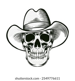 black and white illustration of a skull wearing a cowboy hat