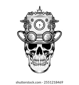 Ilustración en blanco y negro de una calavera con un sombrero de estilo steampunk