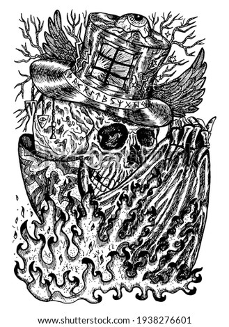 Black and white illustration with skull wearing illusionist, magician or wizard hat with flame on cloak. Mystic background for Halloween, esoteric, gothic, heavy metal or occult concept