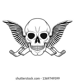 Black and White Illustration of Skull with Wings. Human Head Bone. Winged Dead Hand Drawn Tattoo Design.