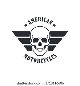 Black and white illustration of a skull with wings and text on a white background. Vector illustration of american motorbike logo. Custom motorcycles.