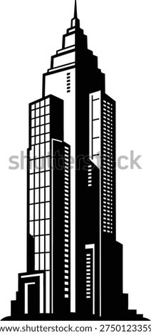 Black and white illustration of a skyscraper with a distinctive spire