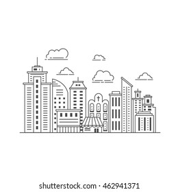 Black and white illustration with skyscrapers, different office building, church and clouds made in vector. Skyscraper collection. Flyer or banner template with modern line style town graphic.