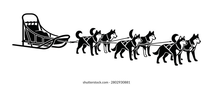 A black and white illustration of a sled being pulled by six dogs.   